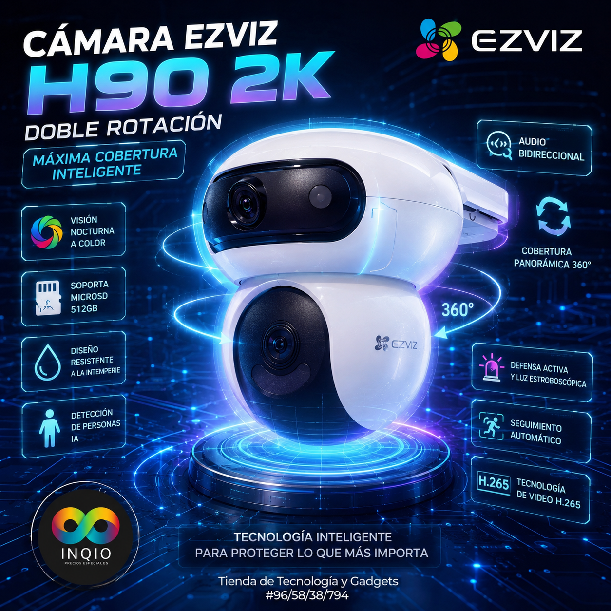 Cámara de Seguridad Inteligente EZVIZ H90 Dual 2K WiFi Exterior 360°