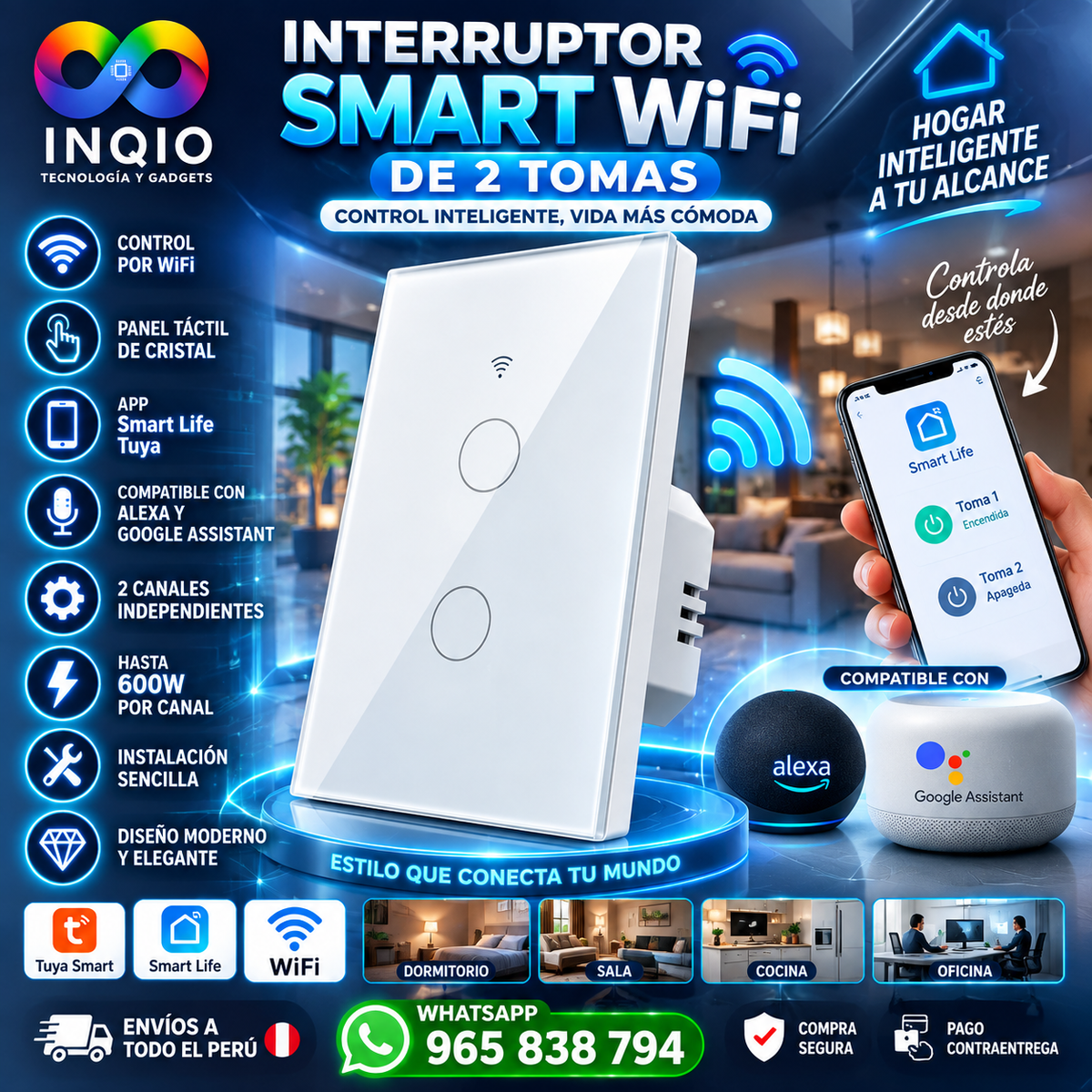 Interruptor Smart WiFi Blanco de 2 Tomas | Control Inteligente
