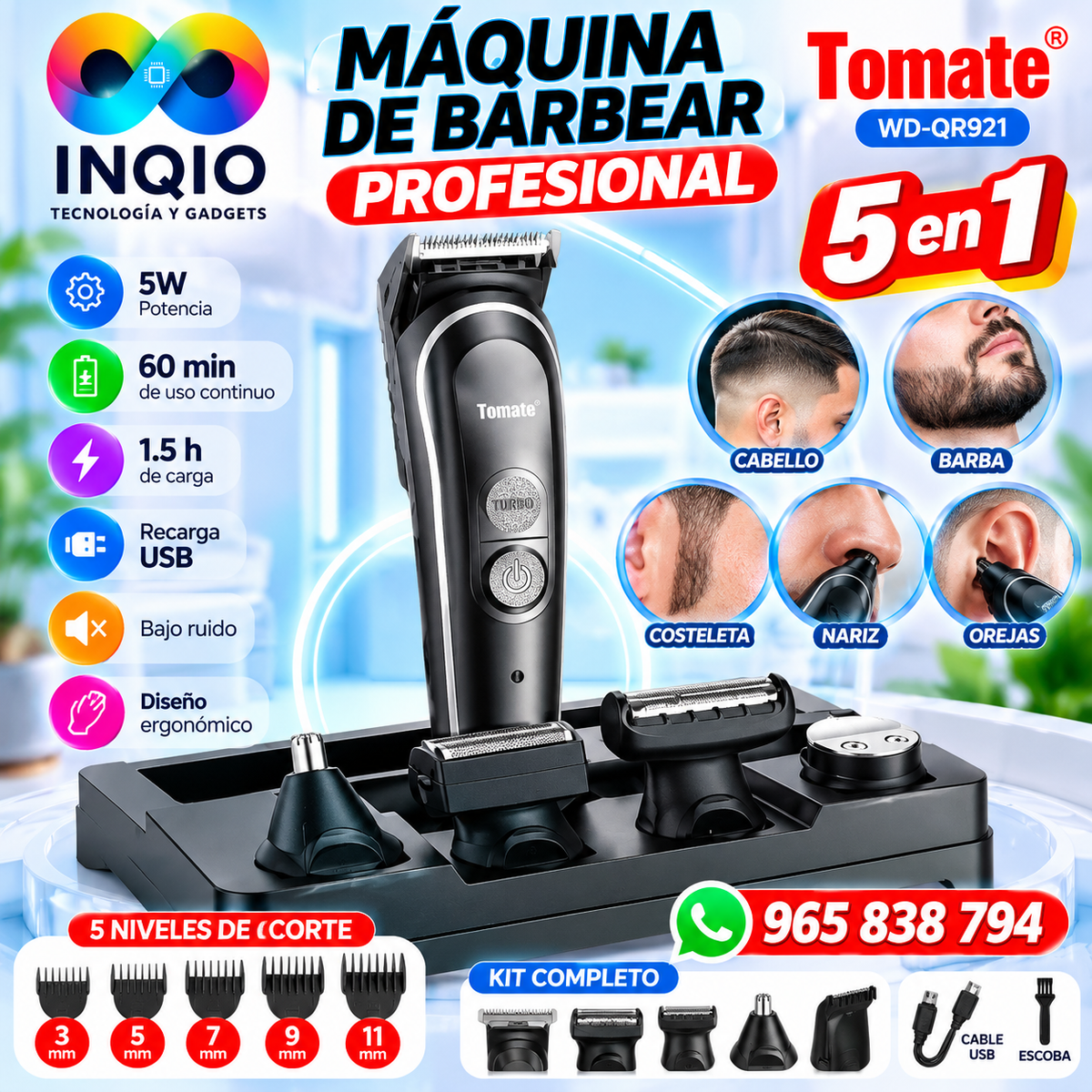 Máquina de Barba Profesional Tomate 5 en 1 Recargable USB – Cortadora de Cabello, Barba, Nariz y Orejas
