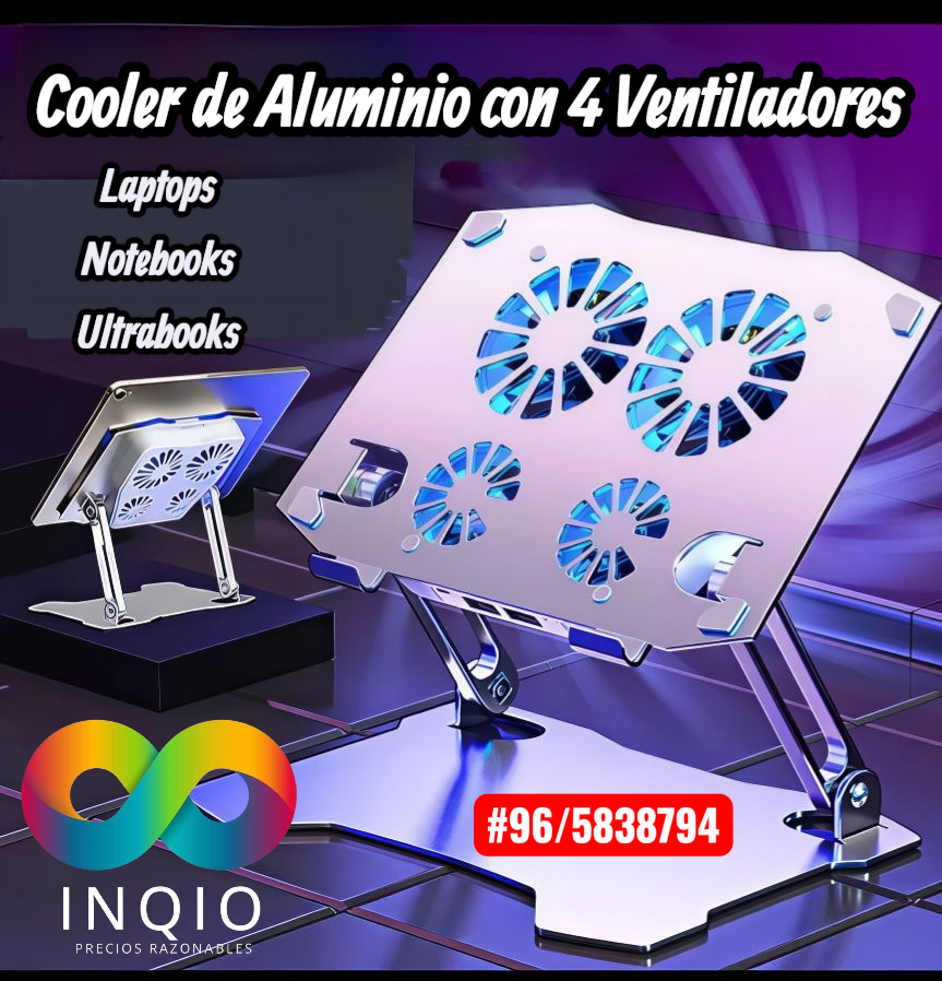 Cooler de Aluminio con 4 Ventiladores | Base Ajustable para Laptop | Súper Refrigeración USB