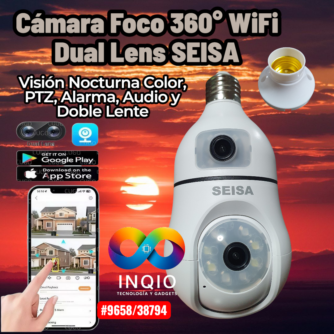Cámara Foco 360° WiFi Dual Lens SEISA | Visión Nocturna Color, PTZ, Alarma, Audio y Doble Lente