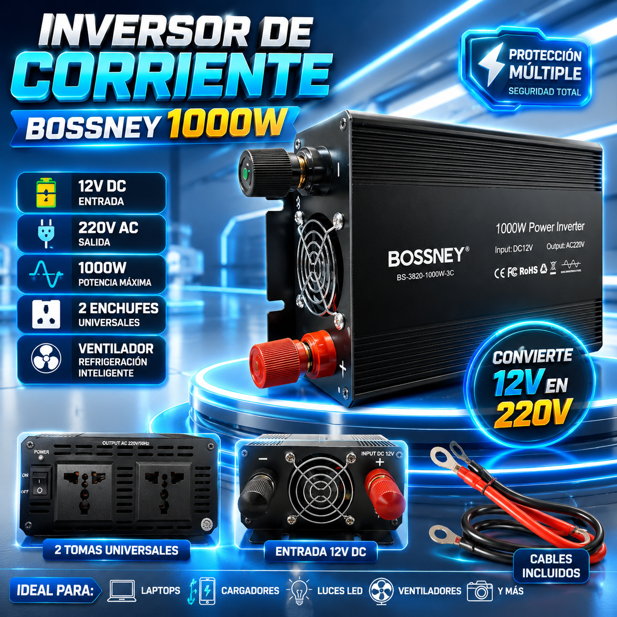 Inversor de Corriente Bossney 1000W 12V a 220V para Auto, Camión y Camping