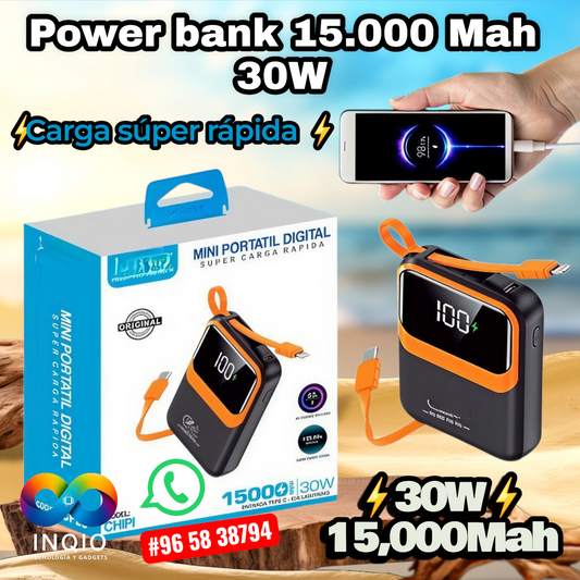 Mini Power Bank 15000mAh 30W Súper Carga Rápida | Pantalla Digital | Doble Puerto iPhone & Type-C