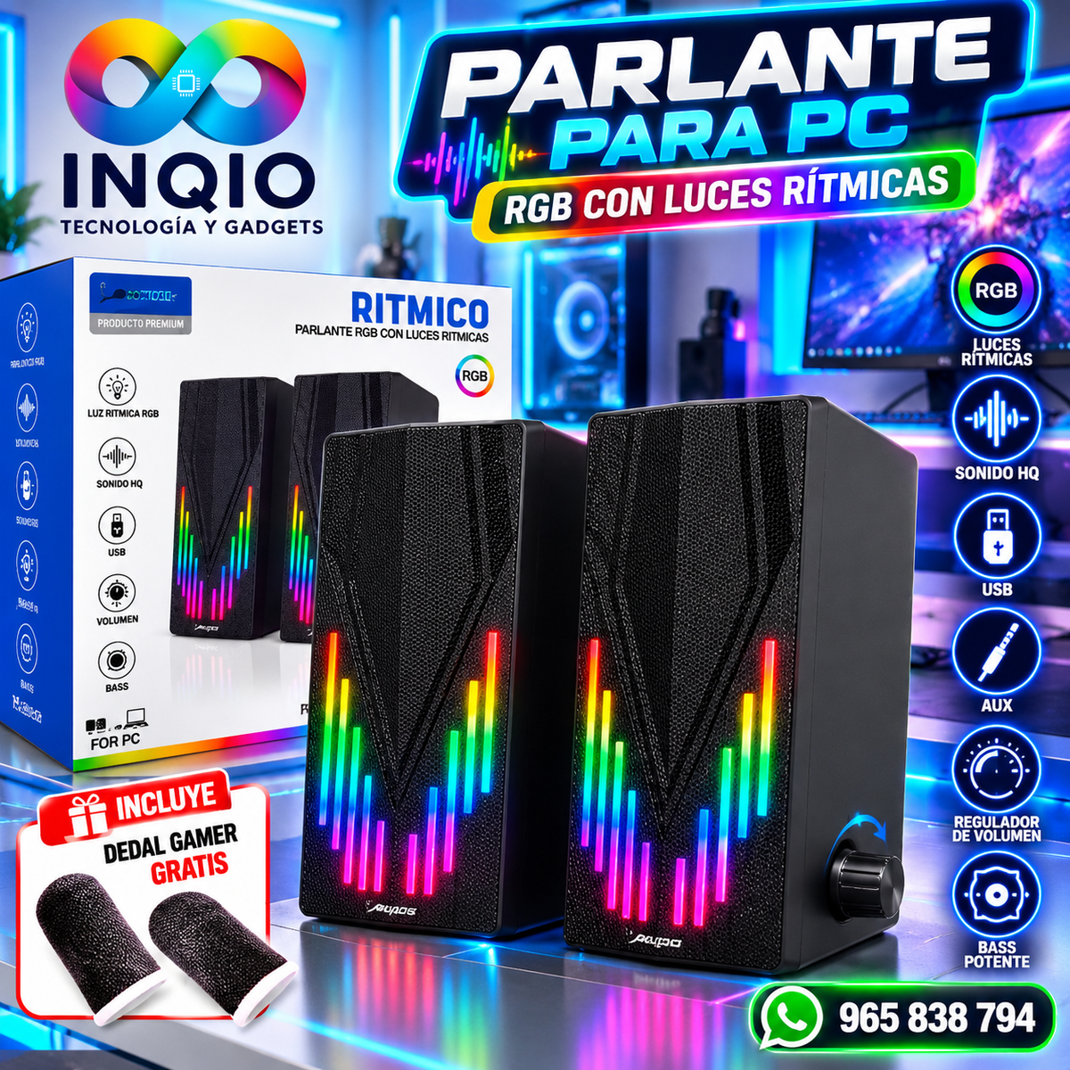 Parlante Gamer RGB Rítmico USB + AUX Sonido HQ Potente para PC 🔥