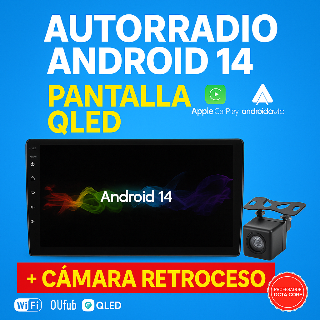 Autorradio Android 14 QLED 10" CarPlay Auto + Cámara Retroceso