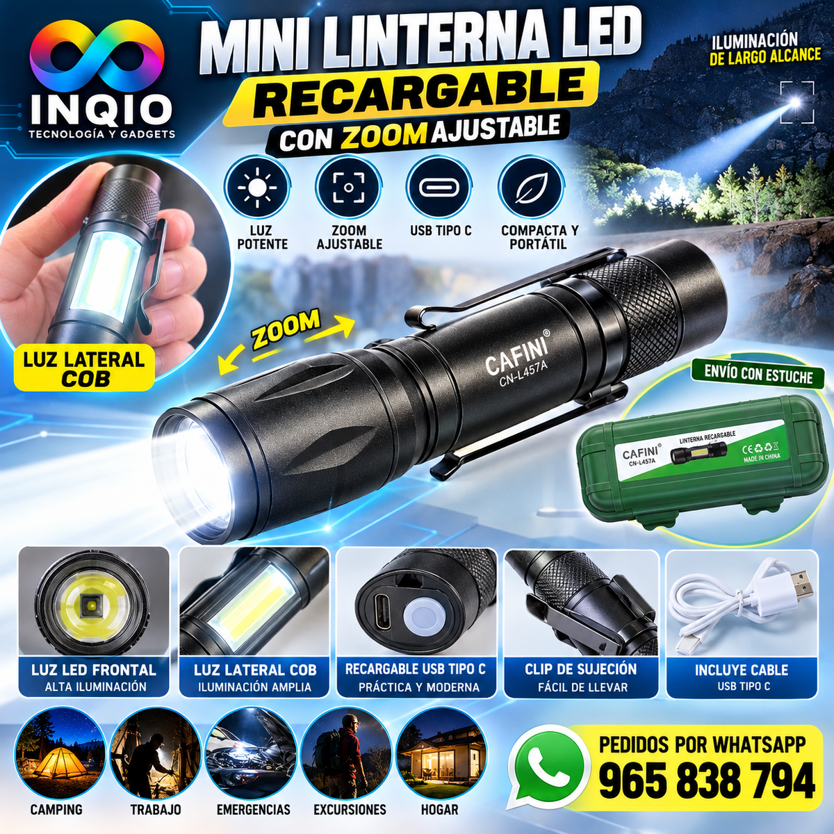 🔦 Mini Linterna LED Recargable USB Tipo C con Zoom Ajustable y Luz COB Potente