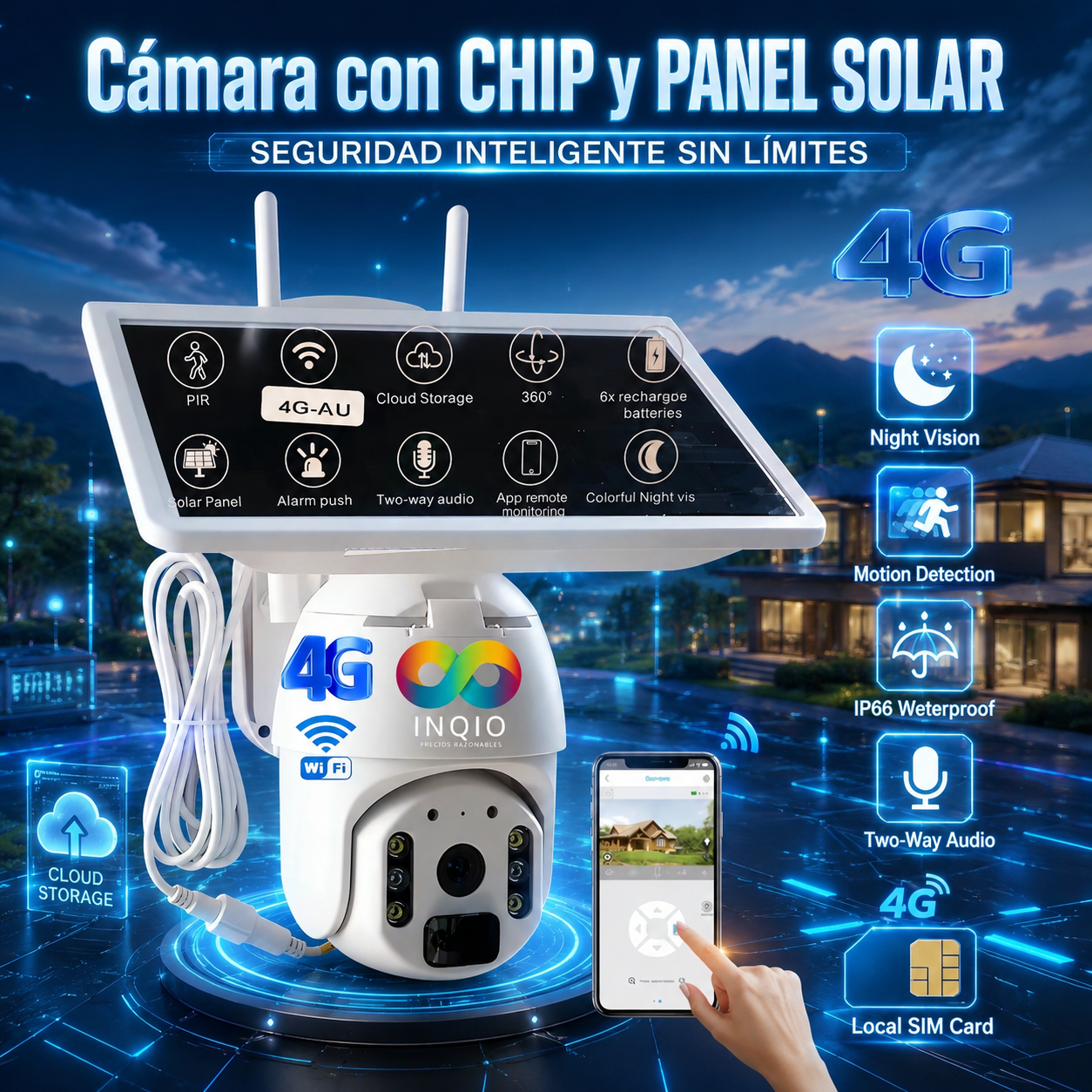📹 Cámara de Seguridad 4G con Chip SIM y Panel Solar Full HD Visión Nocturna a Color IP66 Exterior