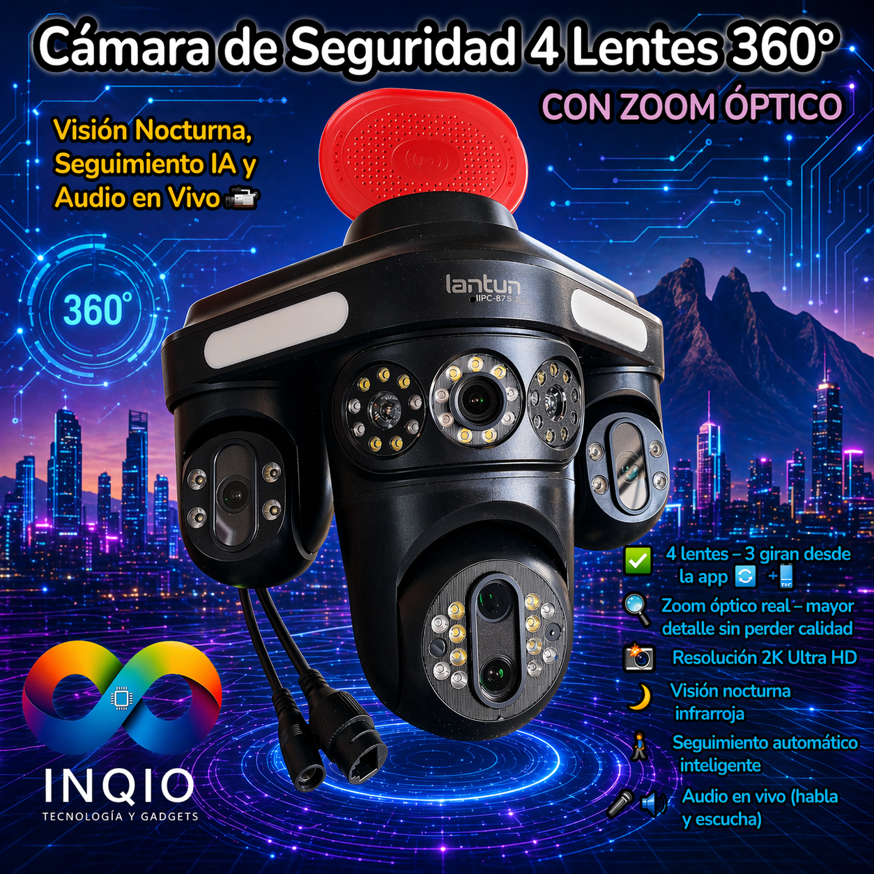 Cámara de Seguridad 4 Lentes Giratoria FHD con Zoom, Visión Nocturna y Seguimiento – WiFi IP66