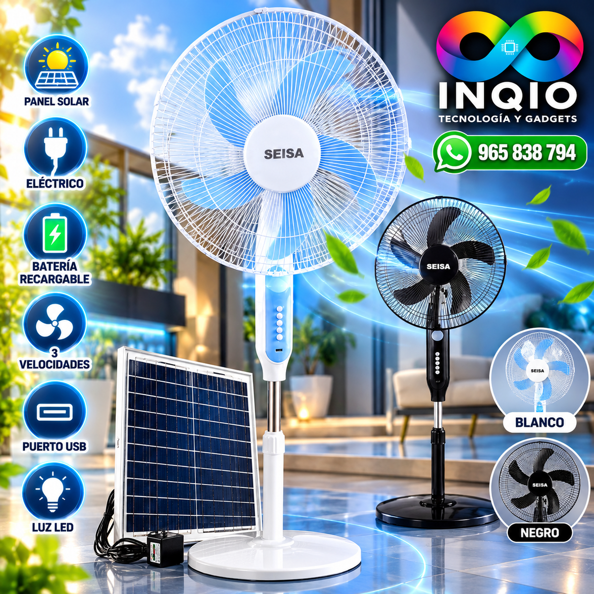Ventilador Solar y Eléctrico 16 Pulgadas con Power Bank, Cargador USB para Celular y Luz LED