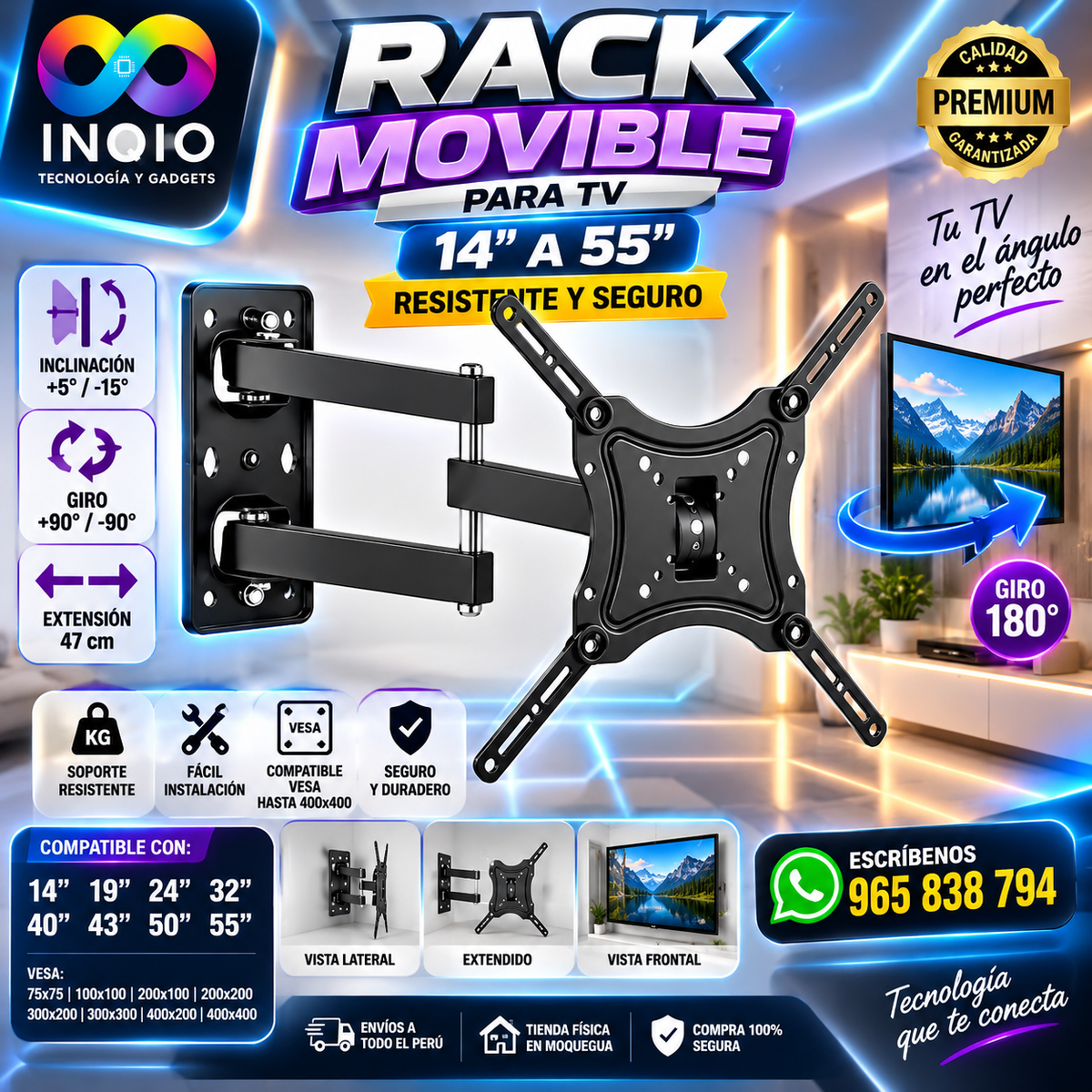 Rack Móvil para TV 14” a 55” | Soporte TV Articulado con Giro e Inclinación