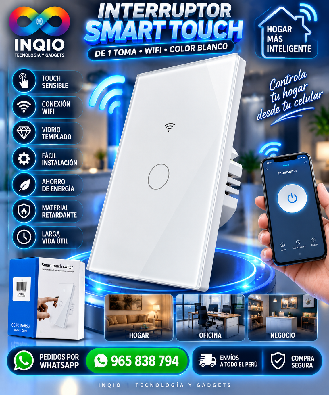 ⚡ Interruptor Smart Touch Blanco de 1 Toma | Interruptor Inteligente
