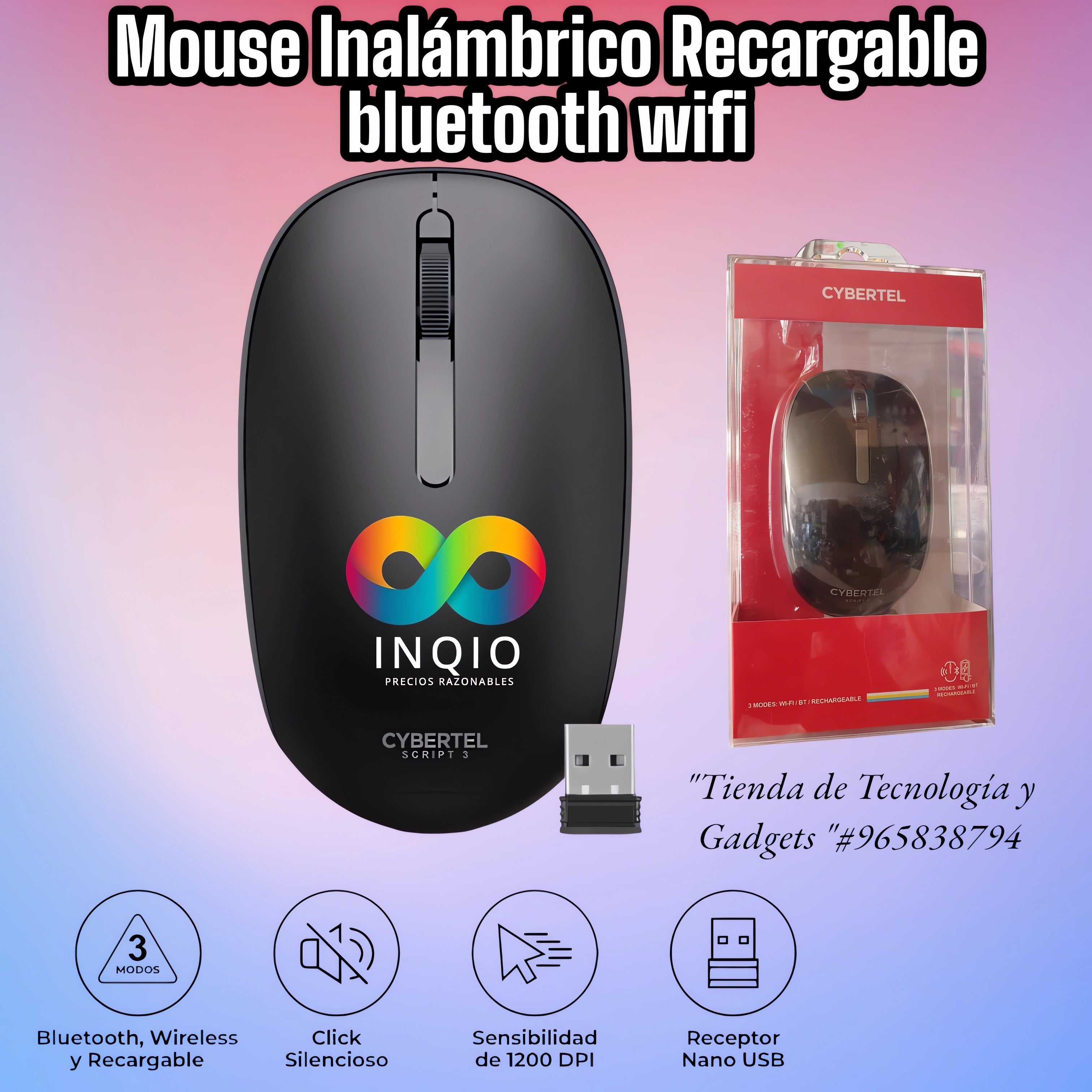 🖱️ MOUSE INALÁMBRICO CYBERTEL RECARGABLE – CONECTIVIDAD BLUETOOTH & – INQIO