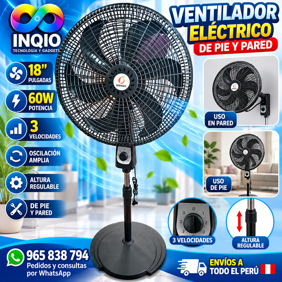 🌬️ Ventilador Eléctrico 18 Pulgadas 60W de Pie y Pared Potente para Casa y Negocio