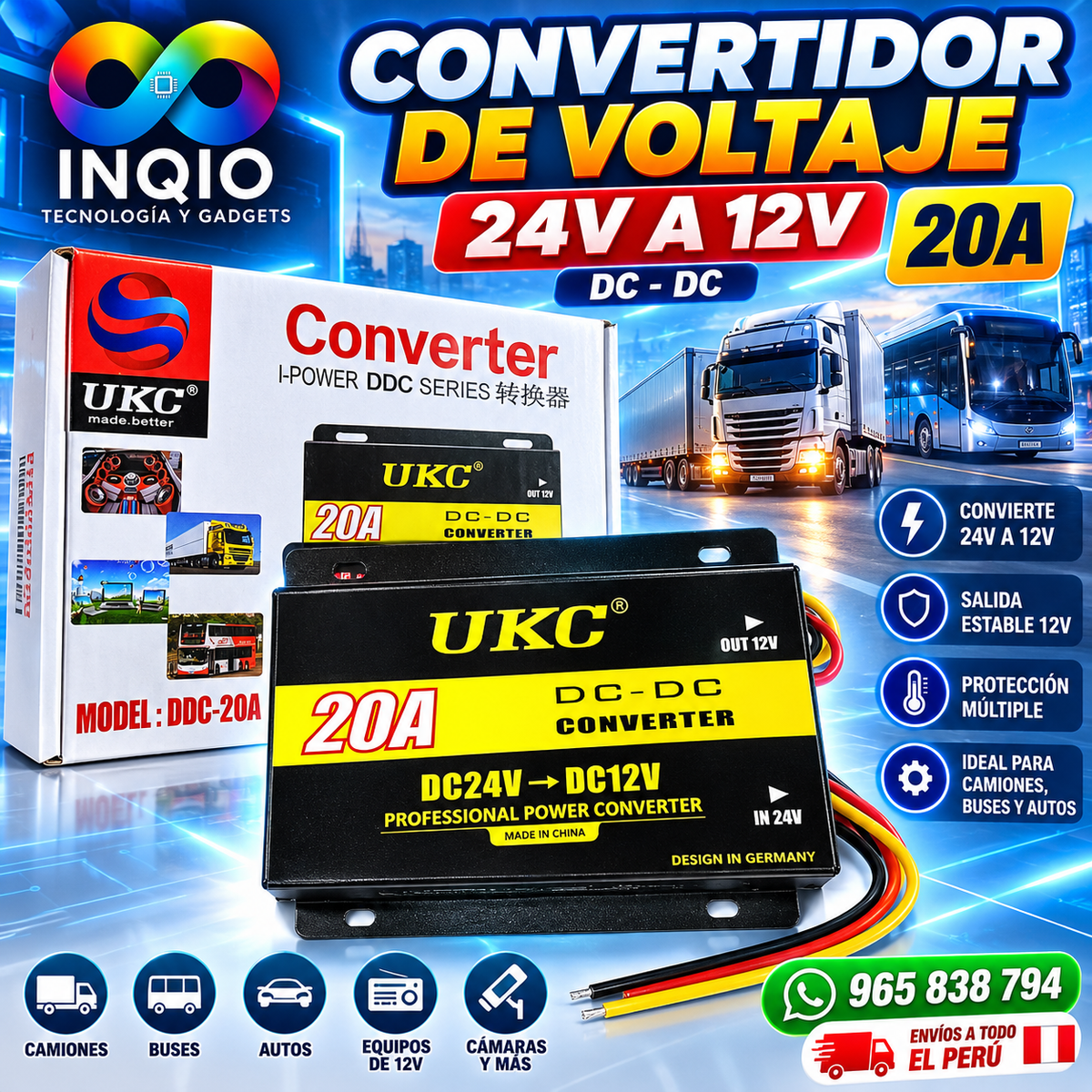 Convertidor DC-DC UKC 24V a 12V 20A | Reductor de Voltaje para Camión, Bus y Auto