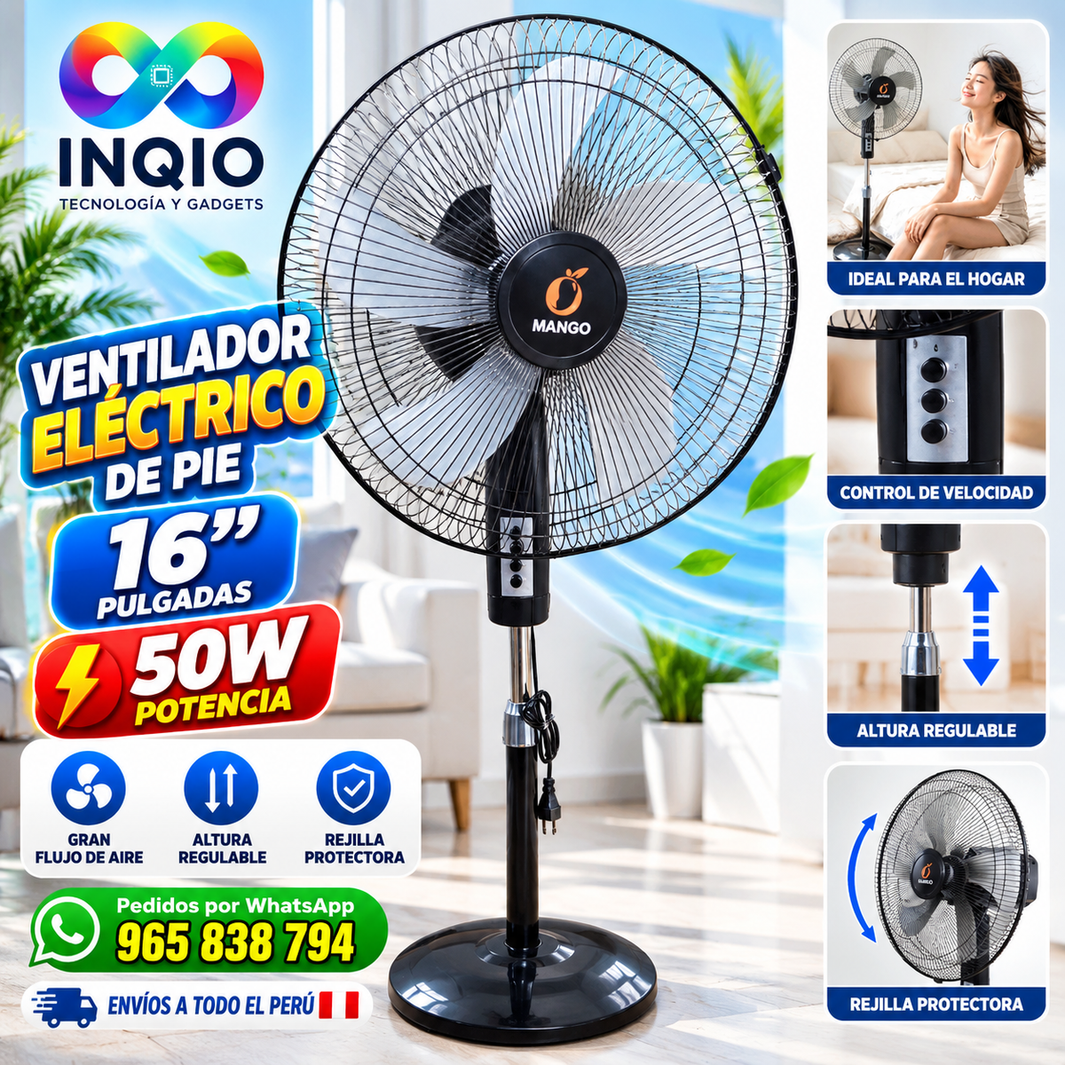 🌬️ Ventilador Eléctrico de Pie 16 Pulgadas 50W Potente para Hogar y Negocio