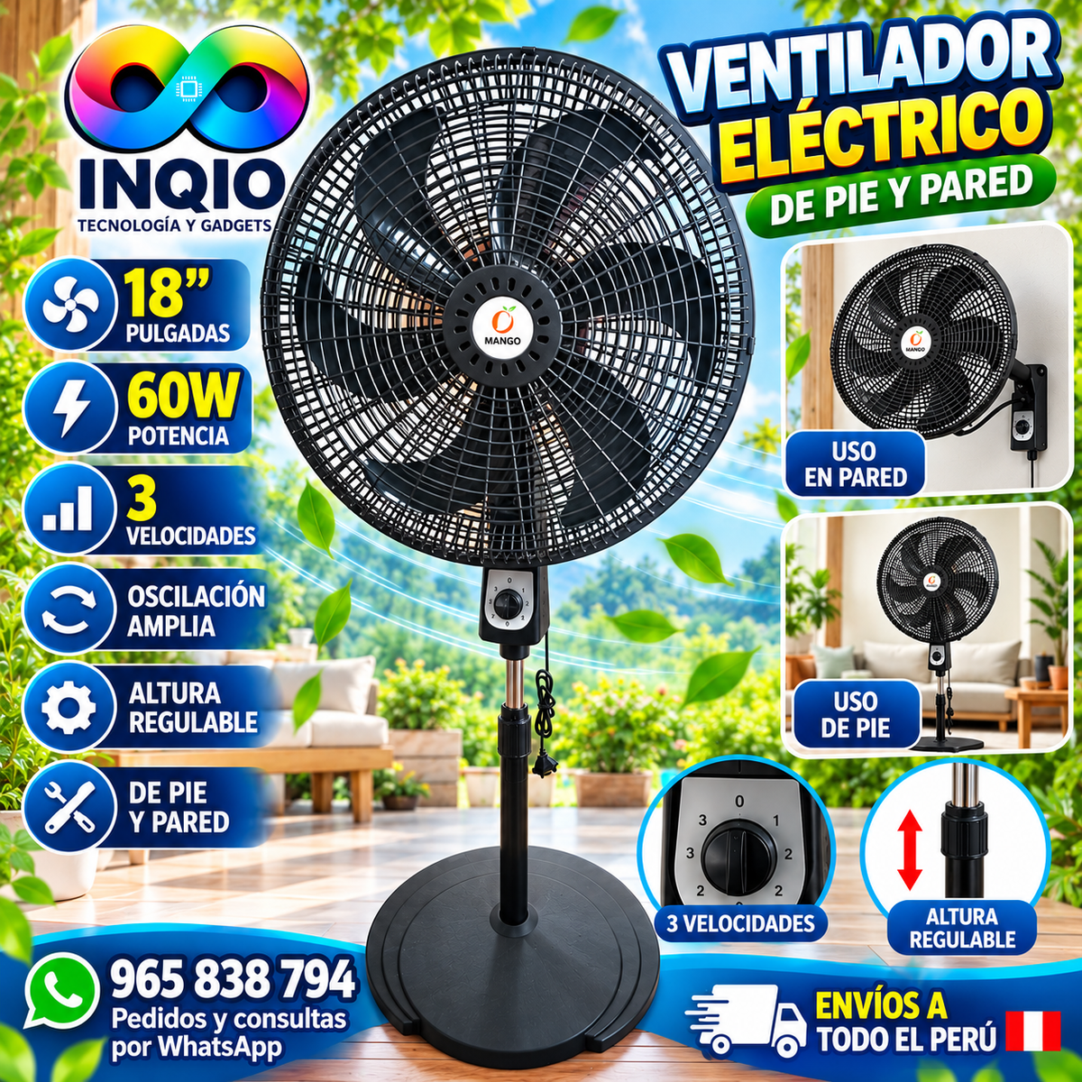 🌬️ Ventilador Eléctrico 18 Pulgadas 60W de Pie y Pared Potente para Casa y Negocio