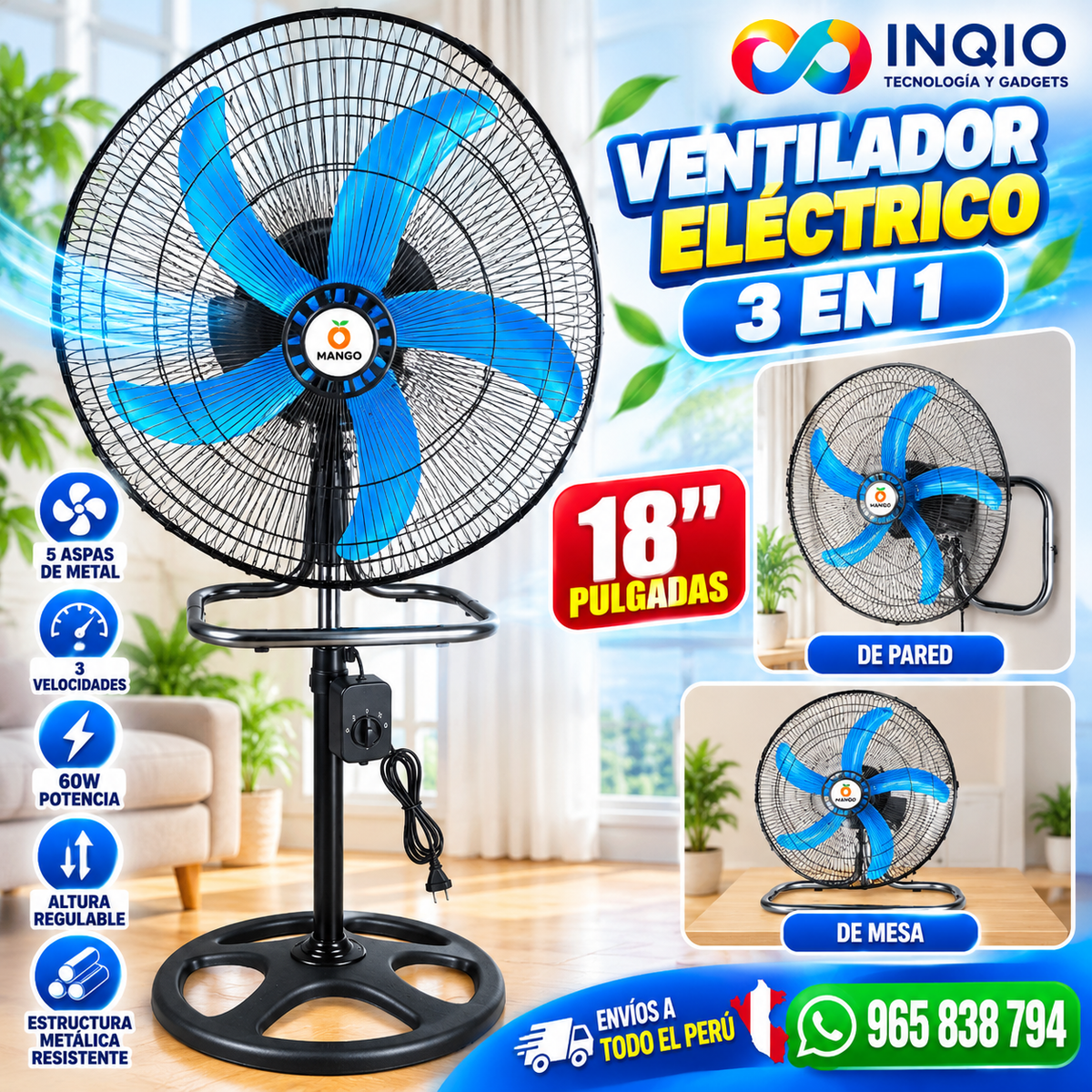 Ventilador Eléctrico 18 Pulgadas 60W 3 en 1 de Pie Mesa y Pared Potente y Regulable