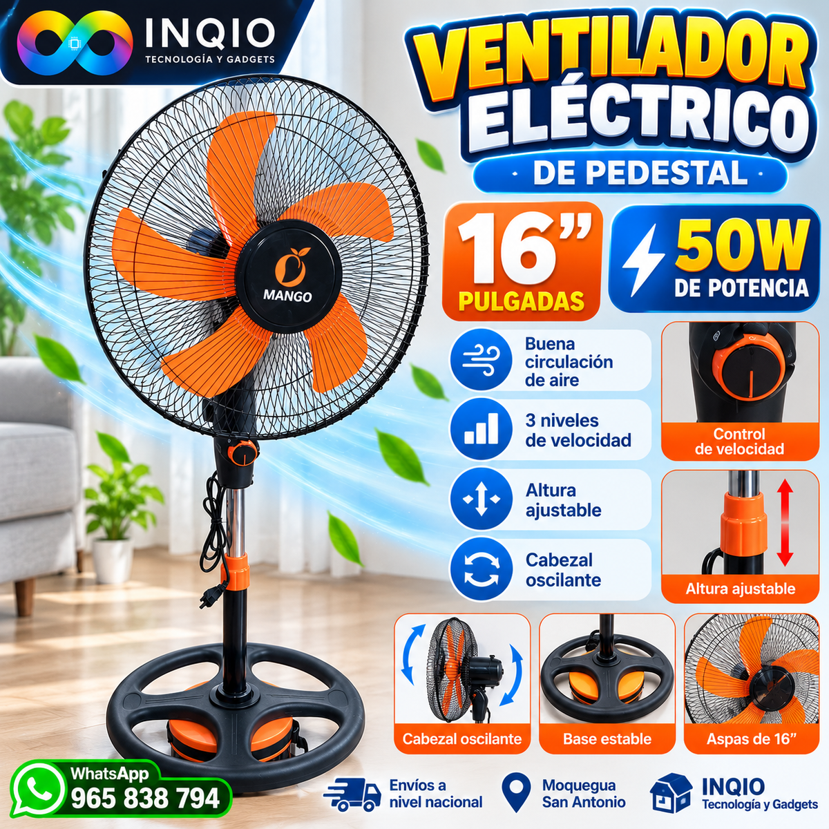 🌪️ Ventilador Eléctrico de Pedestal 16 Pulgadas 50W Potente para Casa y Negocio