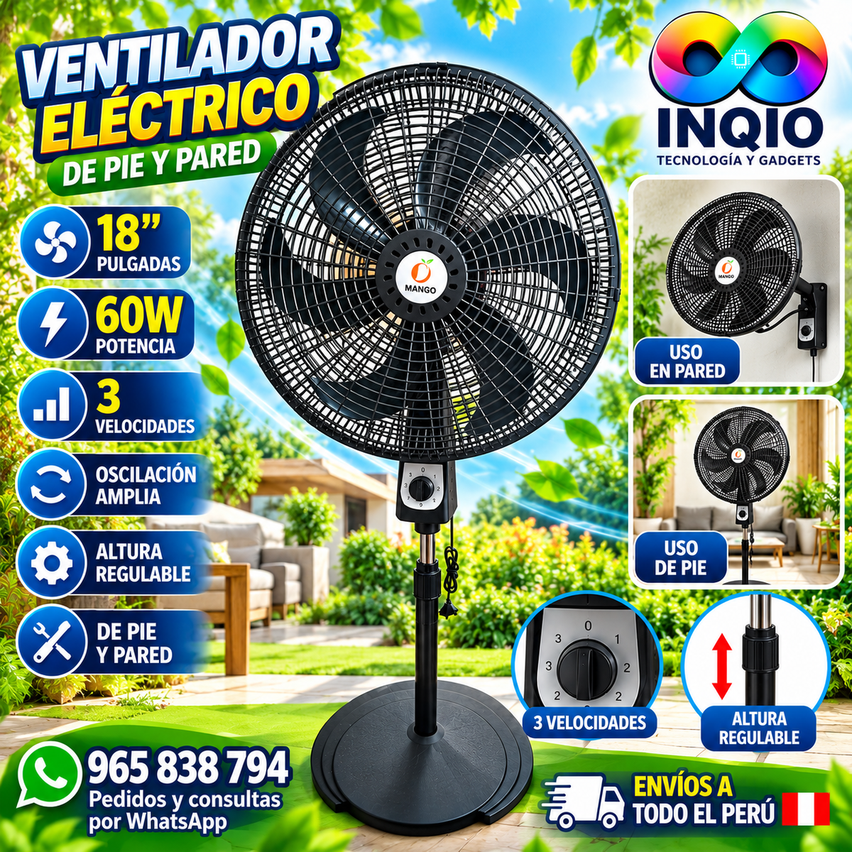 🌬️ Ventilador Eléctrico 18 Pulgadas 60W de Pie y Pared Potente para Casa y Negocio