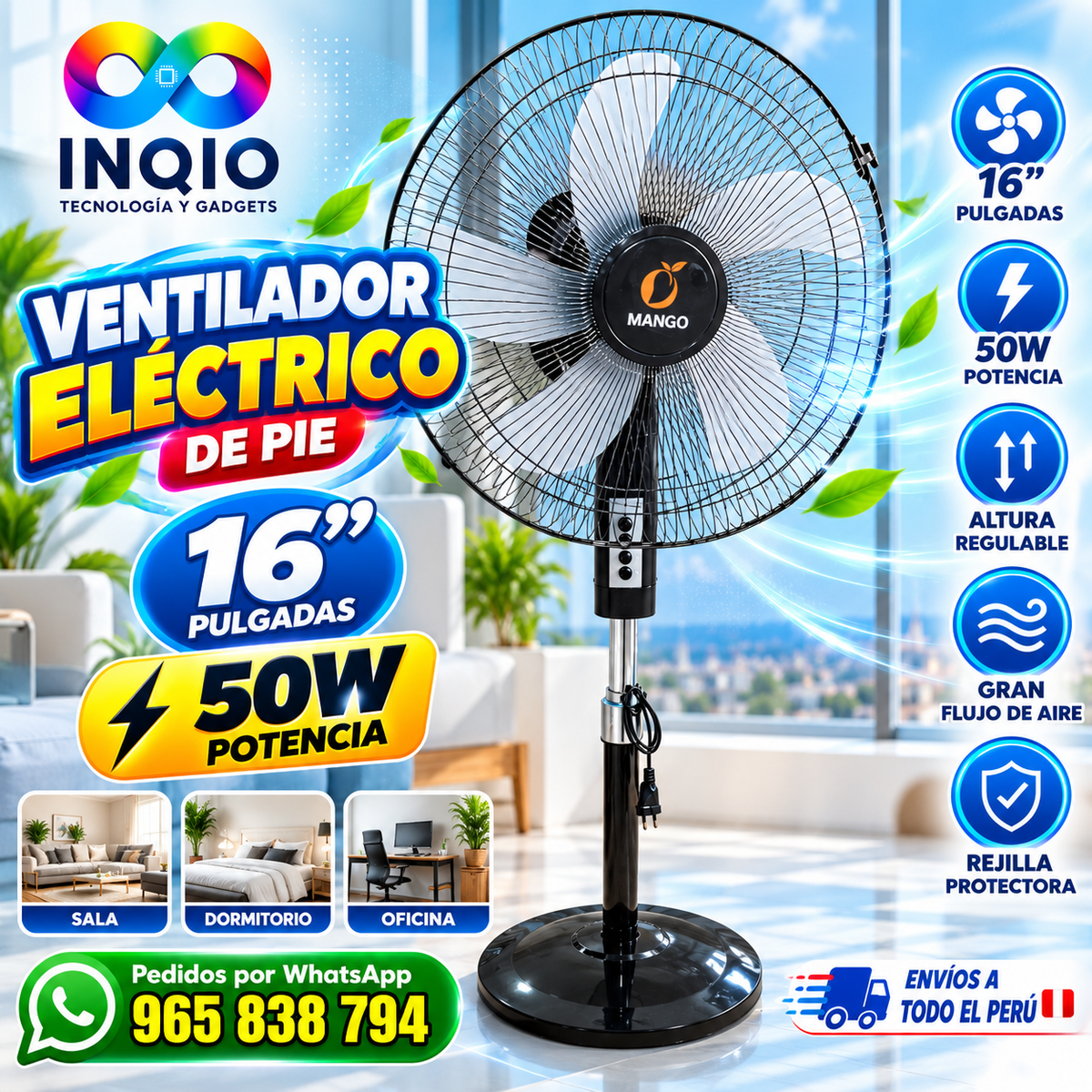 🌬️ Ventilador Eléctrico de Pie 16 Pulgadas 50W Potente para Hogar y Negocio