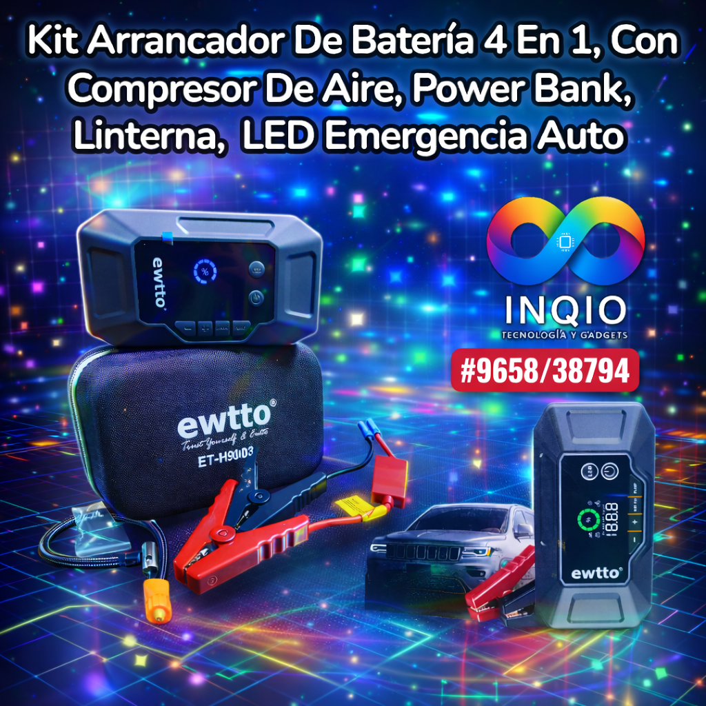 Kit Arrancador de Batería 4 en 1 Ewtto ET-H9003 con Compresor de Aire 150 PSI, Power Bank y Linterna