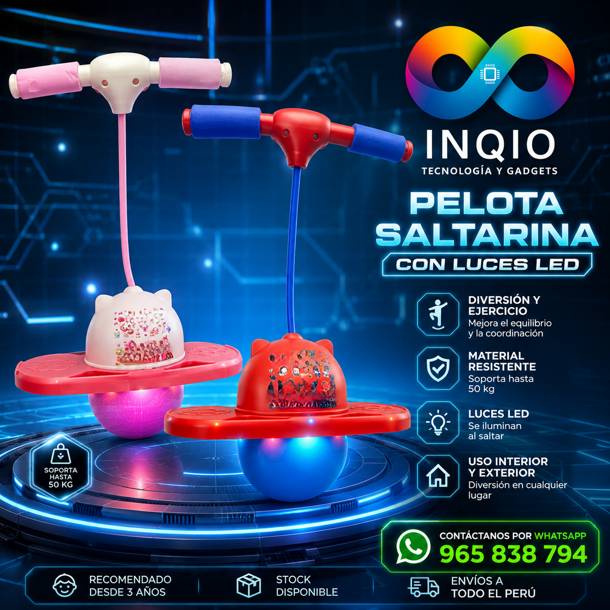 Pelota Saltarina LED con Manillar para Niñ@s | Juguete de Equilibrio Resistente 50 kg