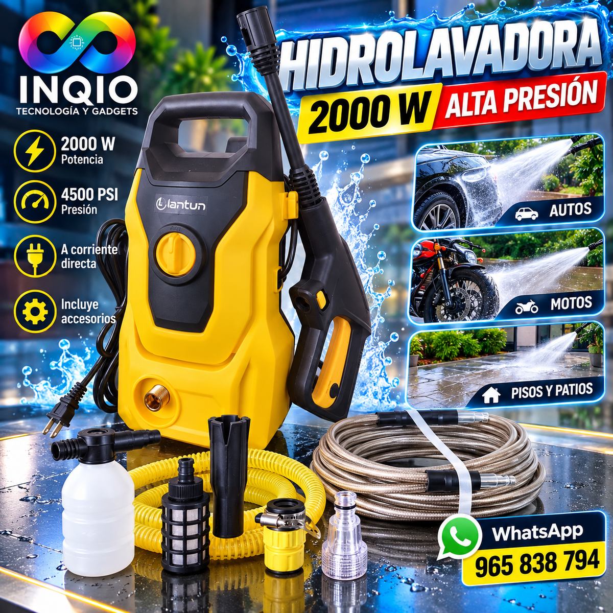 Hidrolavadora 2000W 4500 PSI Alta Presión con Accesorios para Lavar Autos, Motos y Hogar