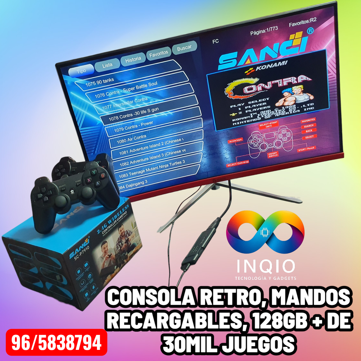Consola Retro Sanci SC-P7910 Game Stick 4K Ultra HD + 30,000 Juegos + 2 Mandos Recargables, 128GB