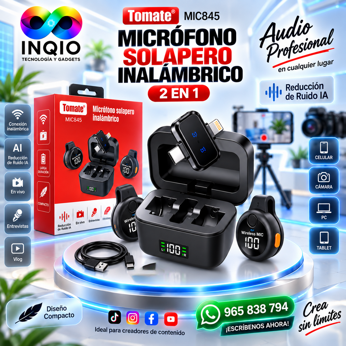 🎤 Micrófono Solapero Inalámbrico Tomate MIC845 2 en 1 | Reducción de Ruido IA