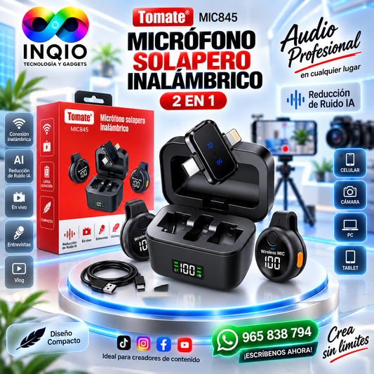 🎤 Micrófono Solapero Inalámbrico Tomate MIC845 2 en 1 | Reducción de Ruido IA
