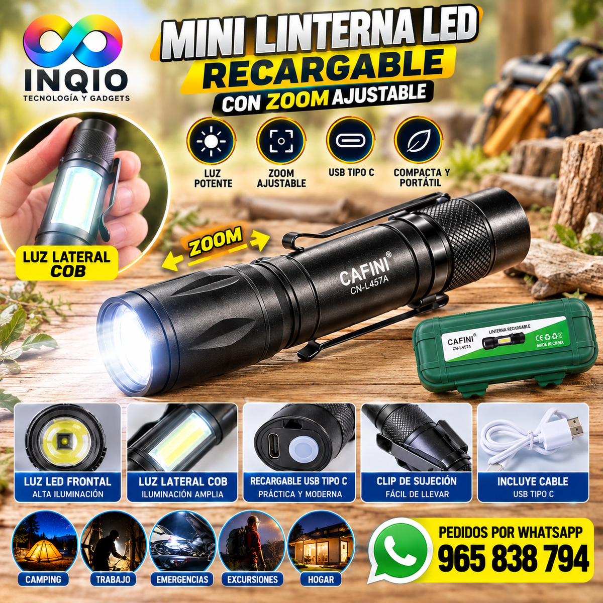 🔦 Mini Linterna LED Recargable USB Tipo C con Zoom Ajustable y Luz COB Potente