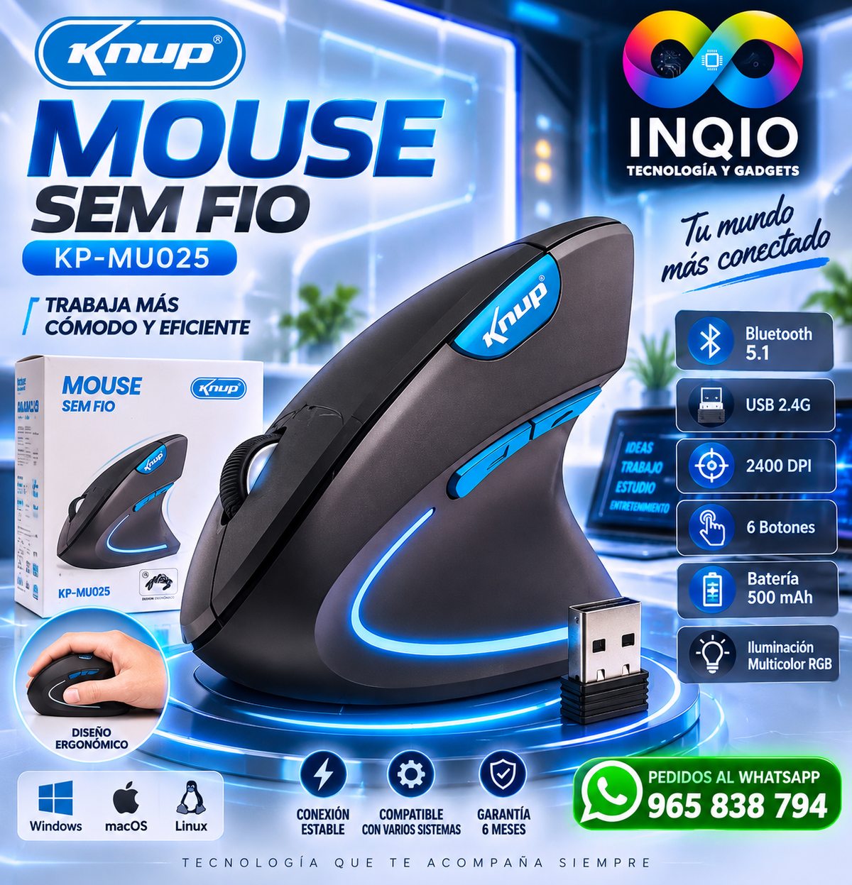 Mouse Inalámbrico Knup KP-MU025 Bluetooth 5.1 + USB 2.4G 2400 DPI