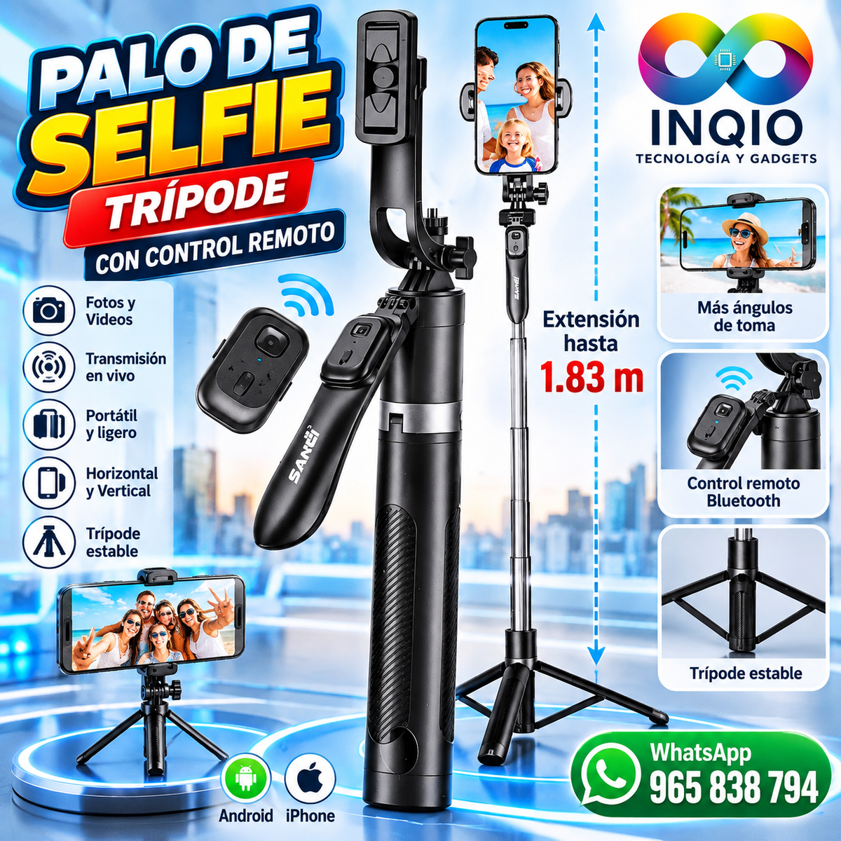 Palo Selfie Trípode Bluetooth Extensible 1.83 m con Control Remoto para Celular