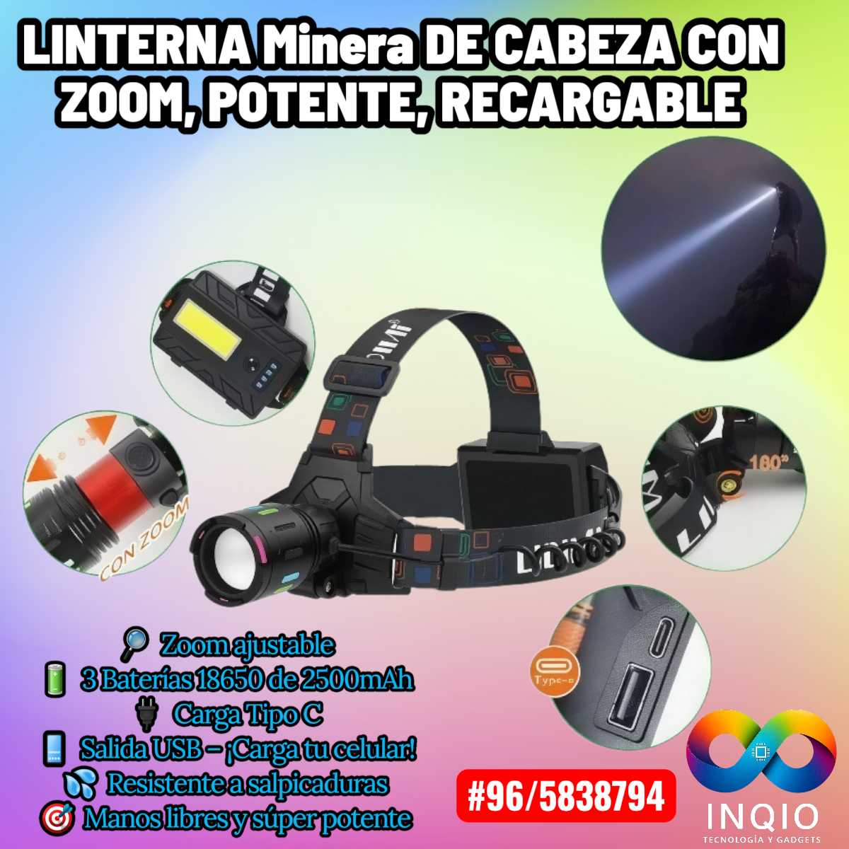 Linterna de Cabeza Minera Poderosa, con Zoom Ajustable | Recargable Tipo C + 3 Baterías + PowerBank