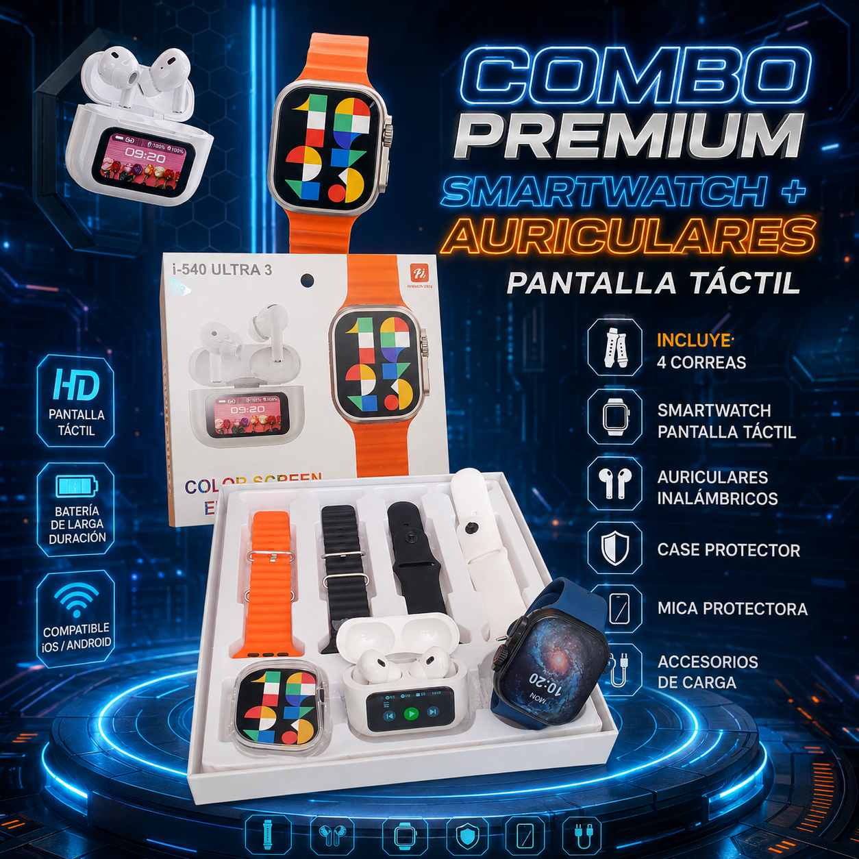 Smartwatch HiWatch Ultra 3 + Audífonos i-540 Ultra con Pantalla Táctil | Combo Premium  Android iOS