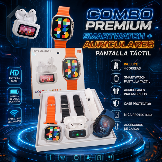 Smartwatch HiWatch Ultra 3 + Audífonos i-540 Ultra con Pantalla Táctil | Combo Premium  Android iOS