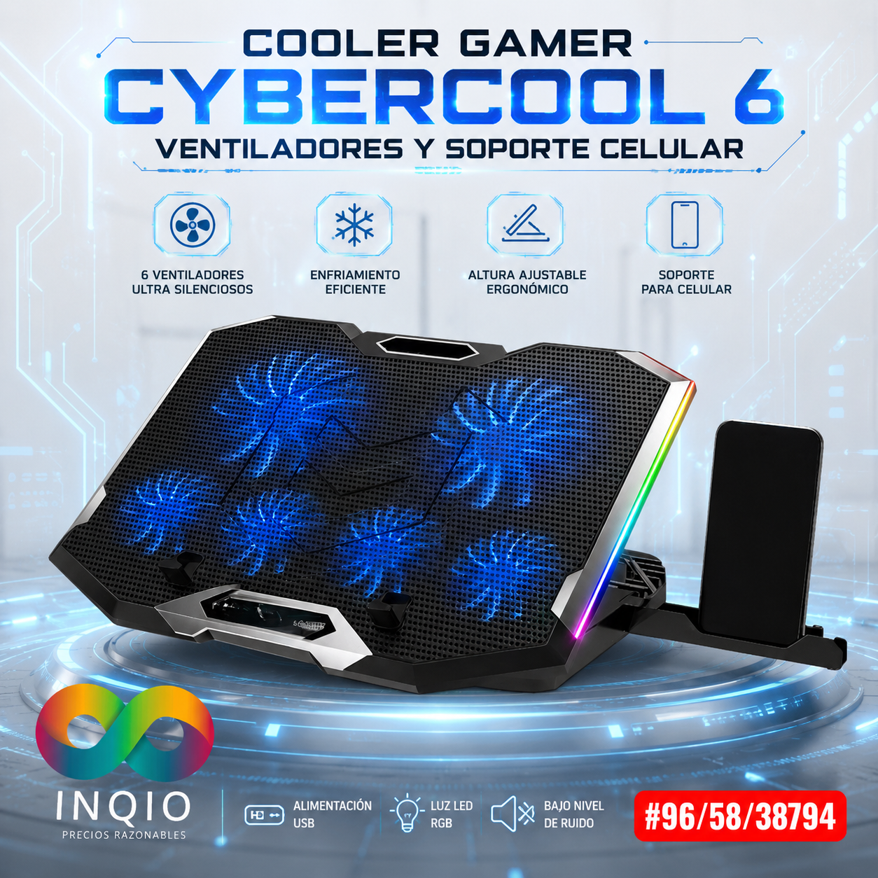 Cooler Gamer CYBERCOOL HA-K9 RGB | 6 Ventiladores | Soporte Para Celular | Laptop 9”-17”
