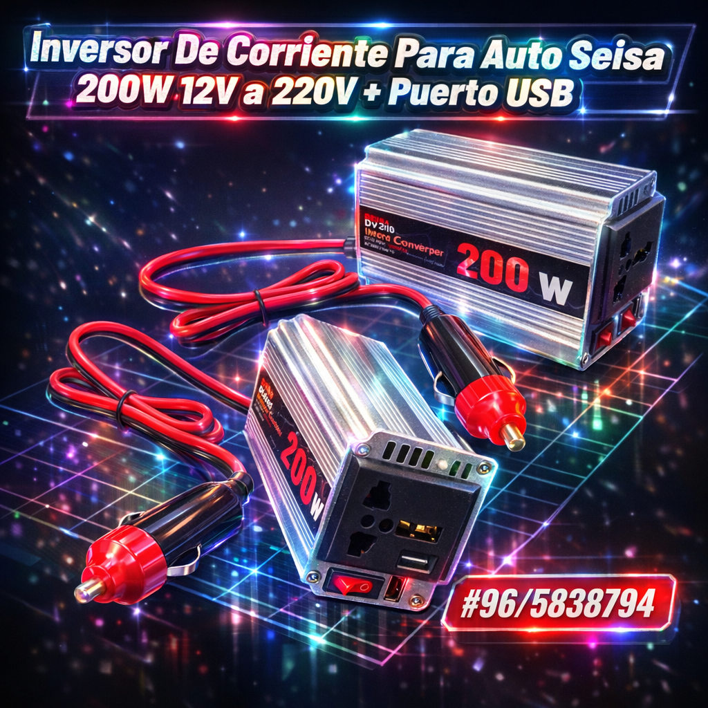 Inversor de Corriente 200W 12V a 220V para Auto + USB | Convertidor Cargador para Laptop Celular TV