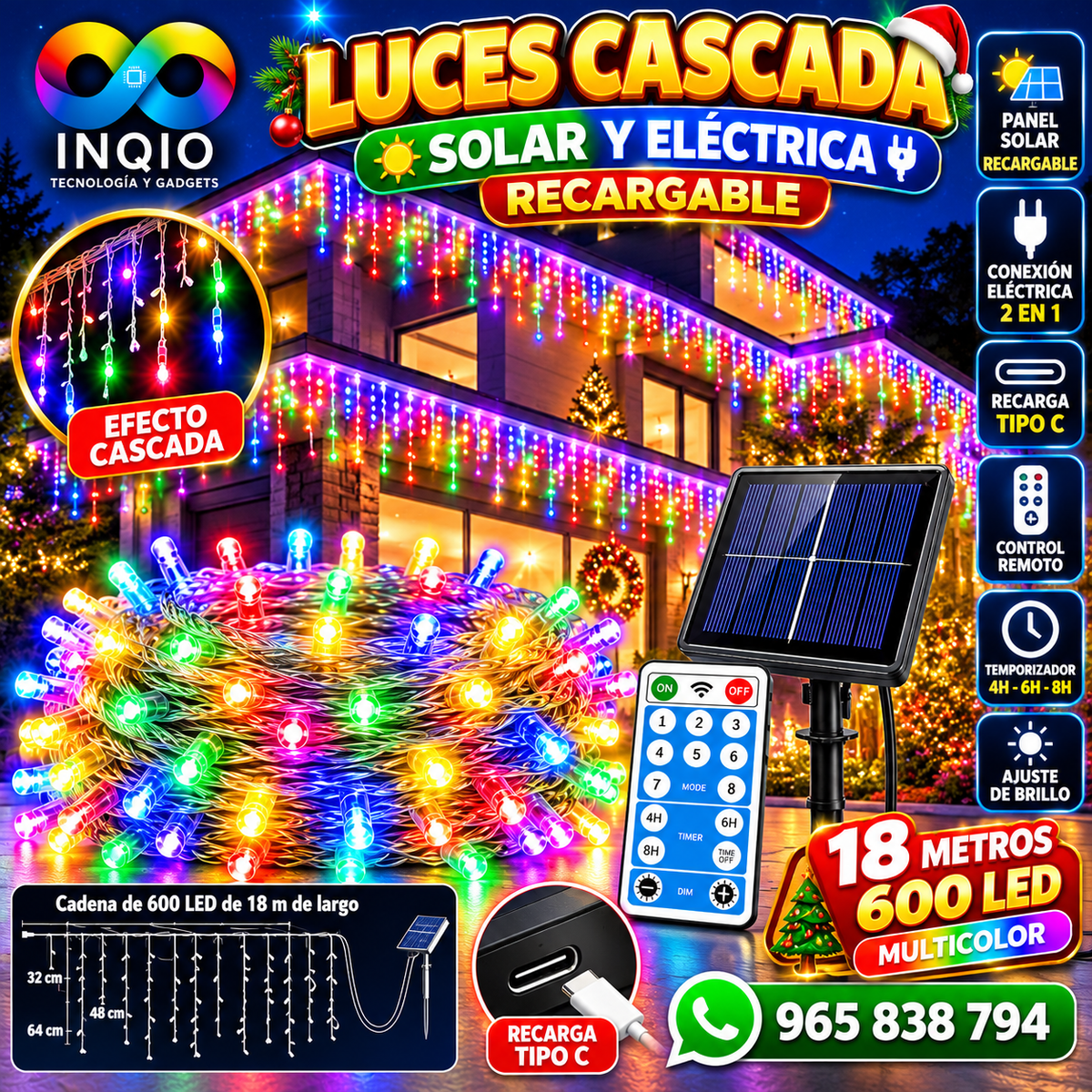 Luces Cascada Navideñas 18 Metros 600 LED Solar y Eléctrica Recargable Tipo C