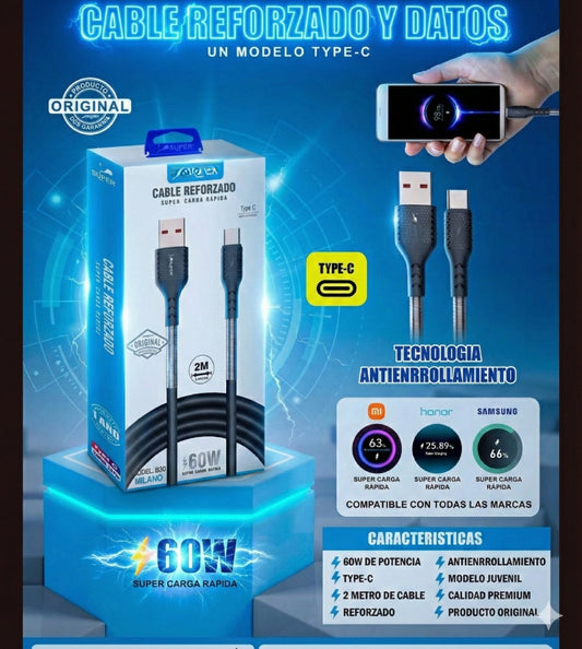 Cable USB Tipo C 60W Super Carga Rápida 2M Reforzado | Antienredos y Transferencia de Datos