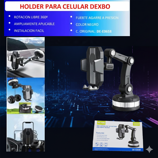 Holder Celular Auto Dexbo 360° | Succión Fuerte | Agarre a Presión