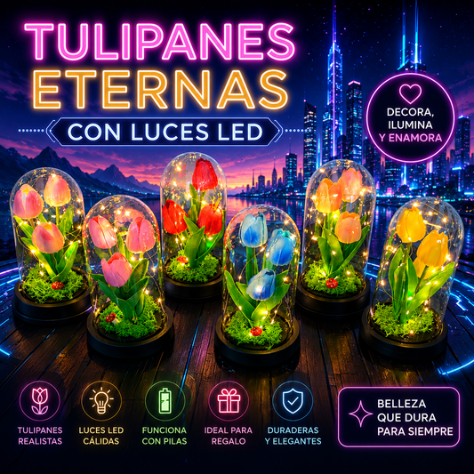 Cúpula Tulipanes Flores eternas con Luces LED . Acrílico Decorativo – Regalo Romántico