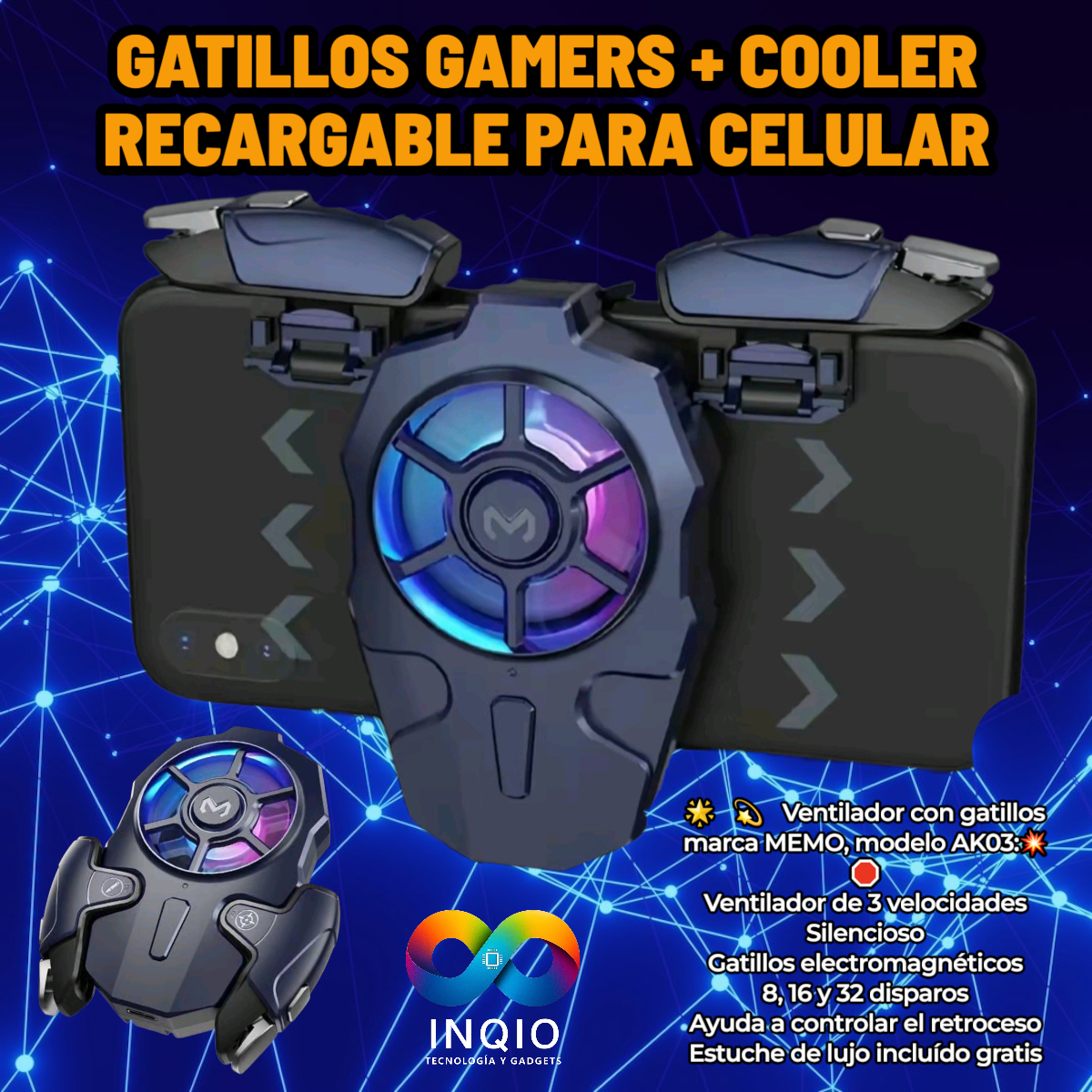 🔥 Ventilador Gamer con Gatillos MEMO AK03 | 3 Velocidades + Disparo 8/16/32 Tiros 🎮❄️