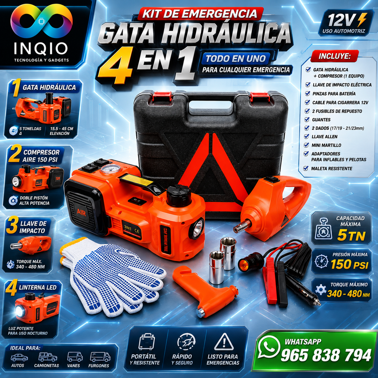 Gata Hidráulica Eléctrica 5TN 4 en 1 + Compresor 150 PSI + Llave de Impacto