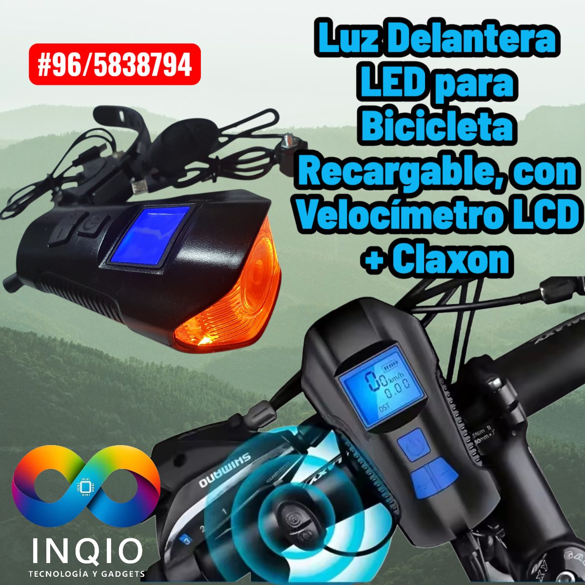 Luz Delantera Bicicleta, Recargable con Velocímetro LCD + Claxon | Linterna LED para Bicicletas
