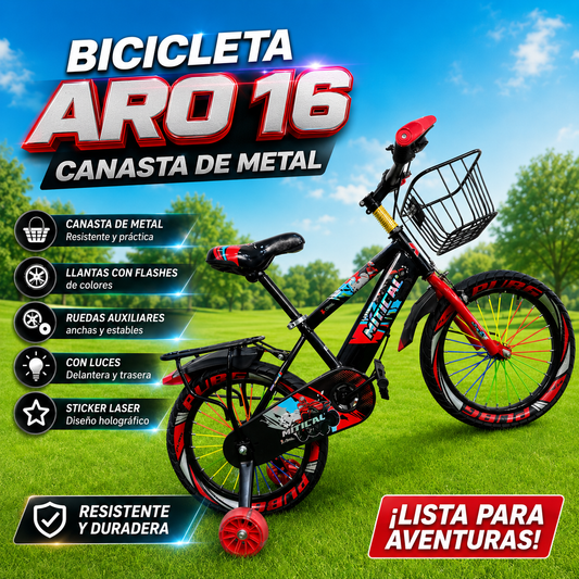 🚴‍♂️💥 Bicicleta para Niños, Aro 16 con Canasta Metálica | Luces LED + Sticker Láser 🌈🔥
