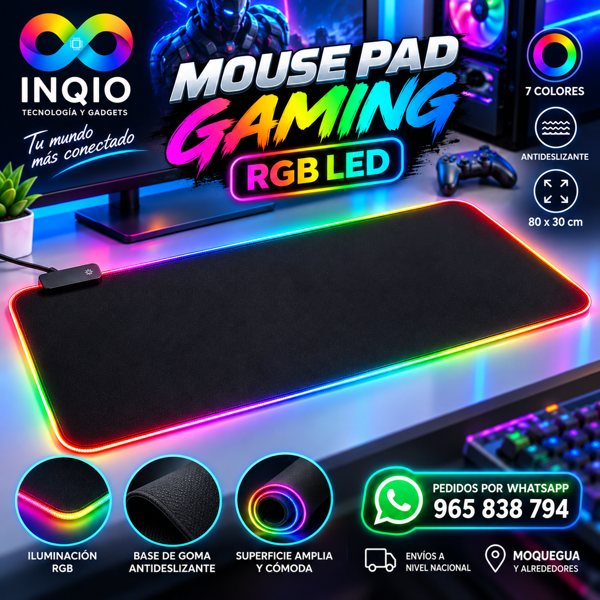 Mouse Pad Gaming RGB LED 80x30cm Antideslizante Gamer PC Laptop