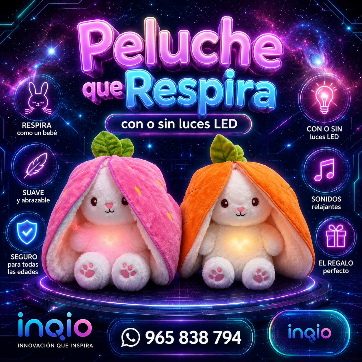 Conejo de Peluche que Respira 2 en 1 Reversible Fresa | Peluche Antiestrés con Luz Nocturna
