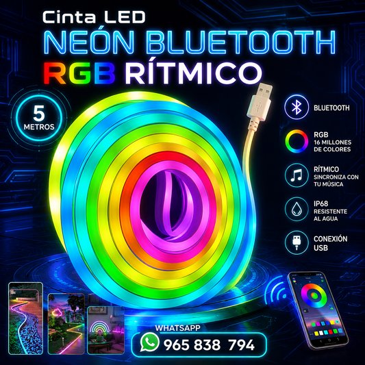 Cinta LED Neón Bluetooth RGB Rítmico 5 Metros USB Control APP IP68