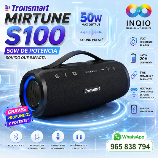 Parlante Bluetooth Tronsmart Mirtune S100 50W IPX7 SoundPulse TWS 20H